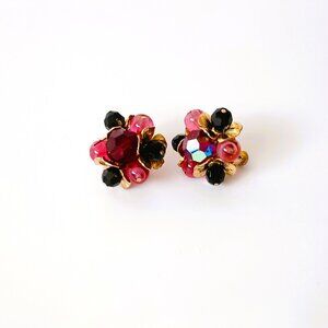 Vendome Vintage AB Crystal Earrings Gold Tone Clip Screw Back Flower Jewelry
